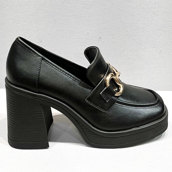 Shoes - New Black Gold Chain Platform Chunky Heel Penny Loafers